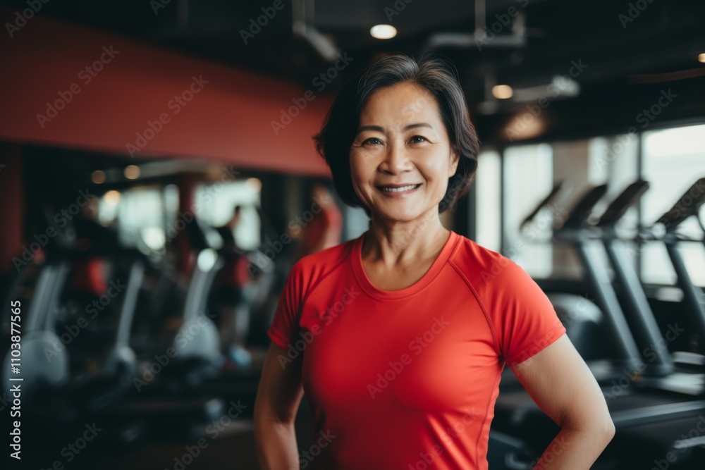 Smiling portrait of a middle aged slightly overweight woman in gym Smiling portrait of a middle aged slightly overweight woman in gym