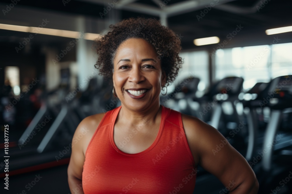 Smiling portrait of a middle aged slightly overweight woman in gym Smiling portrait of a middle aged slightly overweight woman in gym