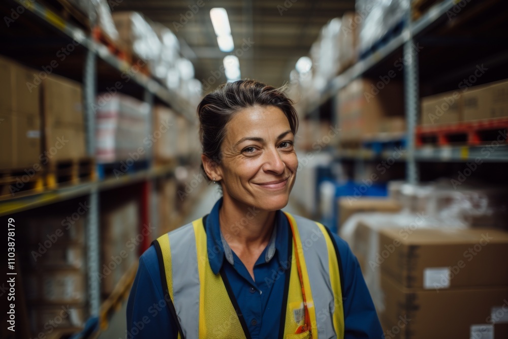 Portrait of a joyful middle aged female warehouse worker Portrait of a joyful middle aged female warehouse worker