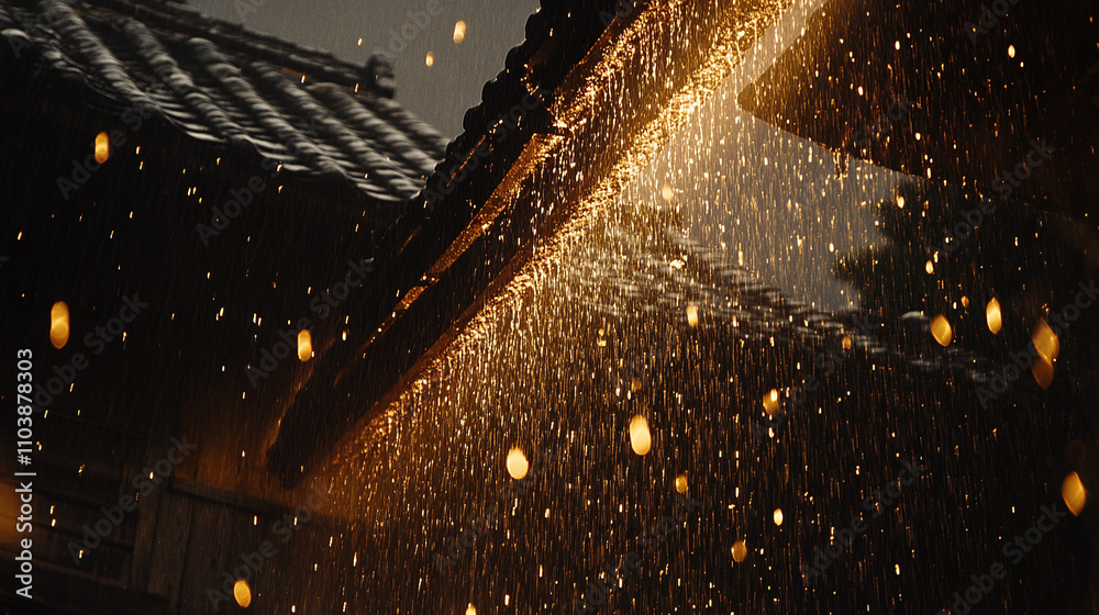rain falling down from the house roof rain falling down from the house roof