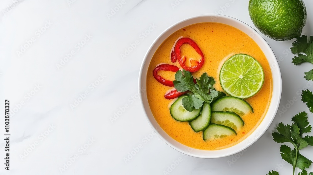 A vibrant bowl of creamy soup garnished with cucumber slices, lime wedges, red chili, and fresh cilantro, set against a clean, white background. A vibrant bowl of creamy soup garnished with cucumber slices, lime wedges, red chili, and fresh cilantro, set against a clean, white background.
