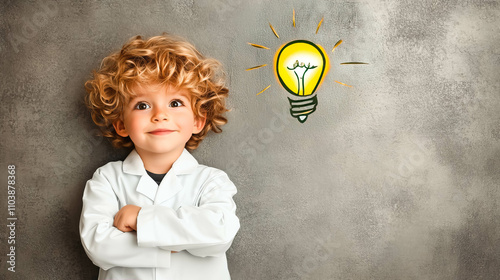 A genius cheerful young child in a white lab coat with a lightbulb illustration symbolizing creativity and innovation, standing against a textured gray background.