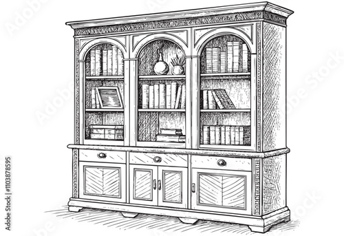 vintage Library bookcases cupboard sketch hand dawn drawing vector illustration
