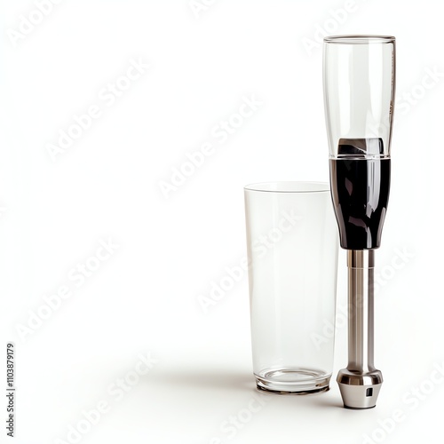 Stylish beverage dispenser alongside a clear drinking glass, white isolate background.