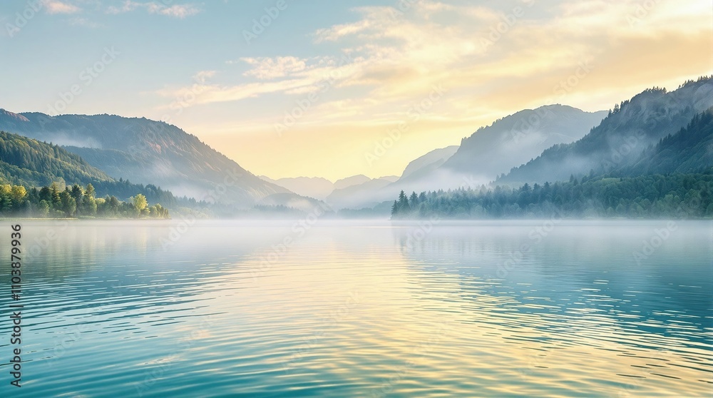 Clear lake in the morning with subtle ripples, peaceful ambiance., outdoor scene, calm landscape, clear lake, morning light Clear lake in the morning with subtle ripples, peaceful ambiance., outdoor scene, calm landscape, clear lake, morning light