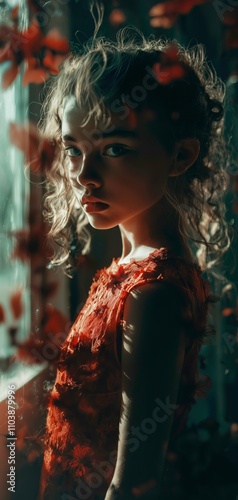 jeune femme en robe rouge photographié dans un effet de lumière clair obscure