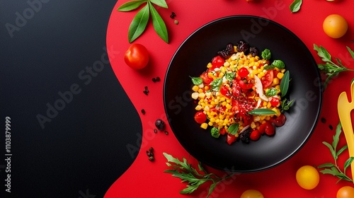 Vibrant Vegetable Salad with Cherry Tomatoes, Corn, and Fresh Greens Served in a Black Bowl on a Stylish Red Background with Rustic Decor