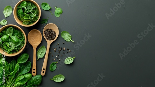 Fresh Leafy Greens and Spices on Dark Table with Wooden Bowls and Spoons, Ideal for Healthy Cooking and Food Preparation Concepts