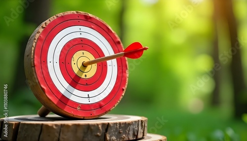 On target in business, red and white archery target with concentric circles and arrow in the center photo