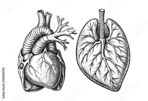 Coeur & poumons sketch hand dawn drawing vector illustration