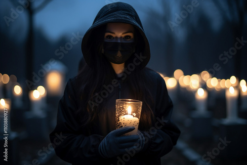 Generative AI portrait of sad perosn at the graveside during a funeral photo