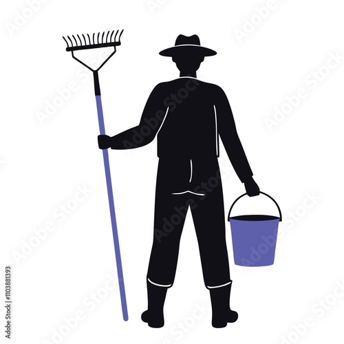 a black silhouette of a man wearing a cowboy hat and holding a rake