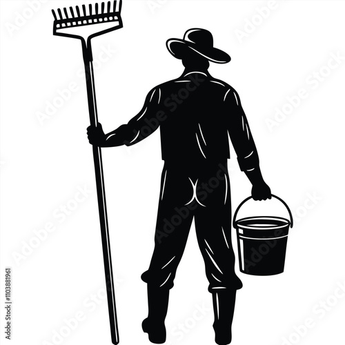 a black silhouette of a man wearing a cowboy hat and holding a rake