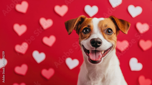 heerful Jack Russell Terrier with a joyful expression is featured against a vibrant red background adorned with soft pink and white heart shapes, evoking love and Valentine's Day spirit photo