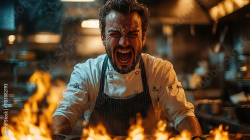 A passionate chef in a kitchen, yelling as flames erupt from a pan, showcasing culinary intensity.