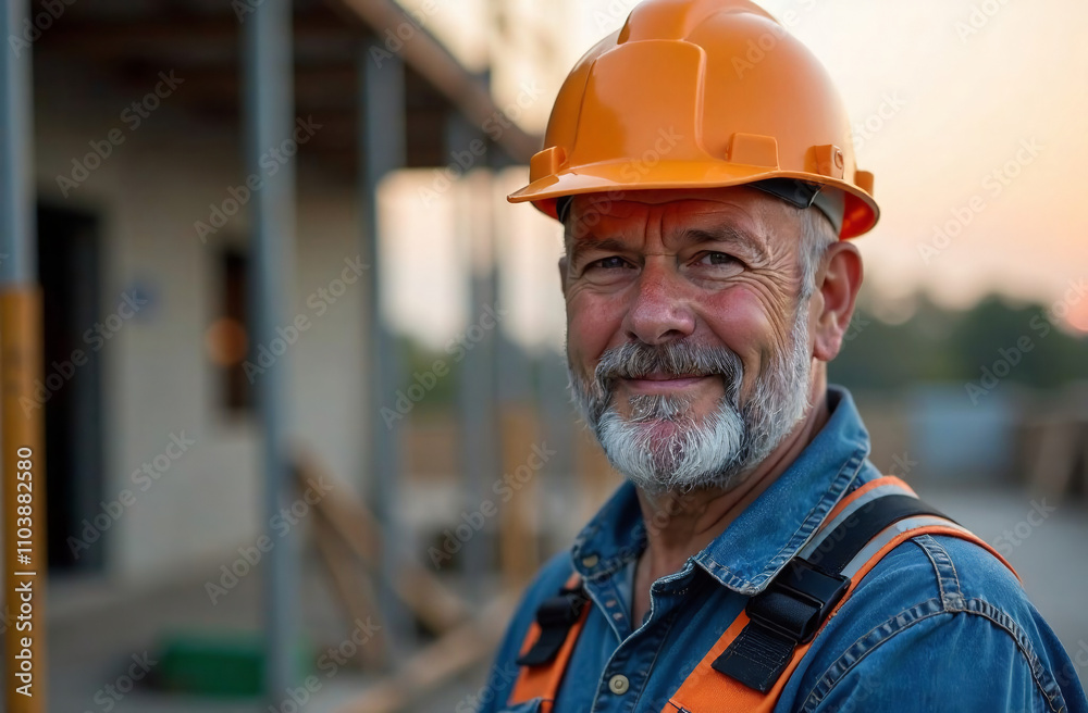 A detailed close-up portrait of a seasoned senior construction worker with a gray beard. He wears an orange safety helmet, a denim shirt, and reflective straps, symbolizing experience, safety A detailed close-up portrait of a seasoned senior construction worker with a gray beard. He wears an orange safety helmet, a denim shirt, and reflective straps, symbolizing experience, safety