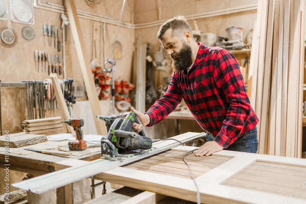 Woodworker Using Circular Saw in Workshop Woodworker Using Circular Saw in Workshop
