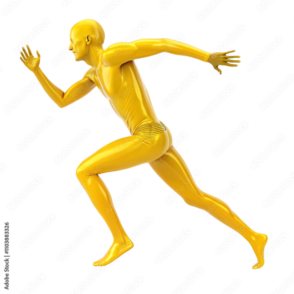 A sleek golden human figure, minimalist and abstract, frozen mid-sprint, emphasizing anatomical form, fluidity, and energy, isolated on a transparent background A sleek golden human figure, minimalist and abstract, frozen mid-sprint, emphasizing anatomical form, fluidity, and energy, isolated on a transparent background