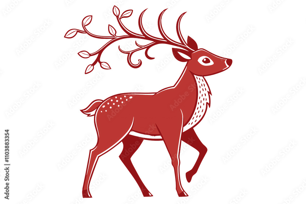 A red stylized reindeer with leafy antlers and intricate body patterns, presenting a vibrant and whimsical artistic interpretation, isolated on a transparent background A red stylized reindeer with leafy antlers and intricate body patterns, presenting a vibrant and whimsical artistic interpretation, isolated on a transparent background