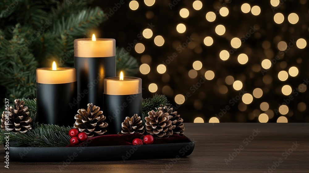 Softly glowing candles are surrounded by festive greenery and ornaments, complementing a beautifully adorned Christmas tree in a serene indoor space Softly glowing candles are surrounded by festive greenery and ornaments, complementing a beautifully adorned Christmas tree in a serene indoor space