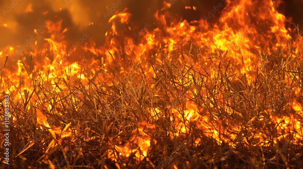 Close up of flames engulfing dry grass in field during wildfire, heat, burning, flames, field, destruction Close up of flames engulfing dry grass in field during wildfire, heat, burning, flames, field, destruction