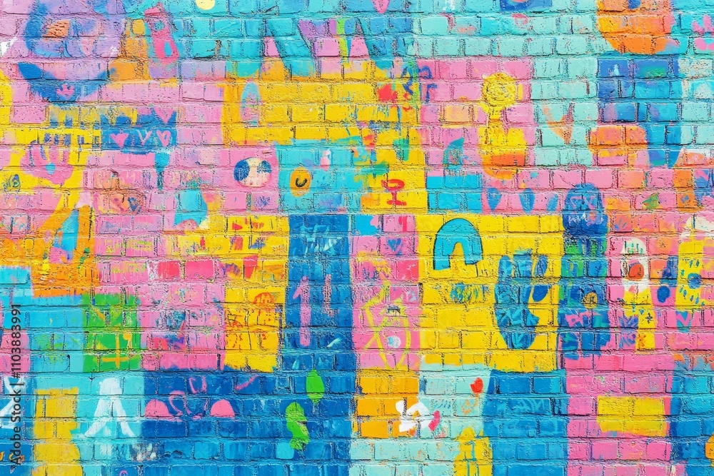 Colorful graffiti-covered brick wall. Colorful graffiti-covered brick wall.