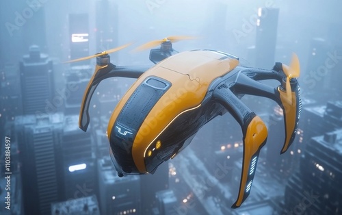 Futuristic Drone in a Misty Cityscape: A Glimpse into the Future of Urban Transportation photo