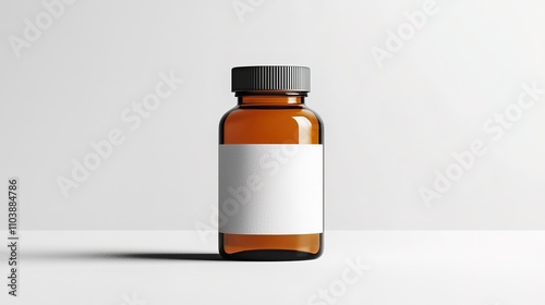 A simple amber bottle with a blank label, set against a clean background, suitable for showcasing products or medicine.