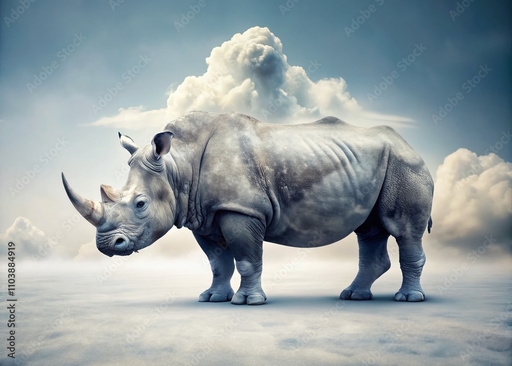 Fototapeta premium Surreal Scene of a Rhino Standing Alone on a Pristine White Background, Blending Reality and Imagination in a Captivating Display of Nature's Majesty and Artistic Vision