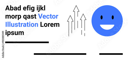 Blue happy face icon, multiple black arrows pointing upward, and sample text. Ideal for business, marketing, success, progress, positivity, infographics, presentations. Landing page