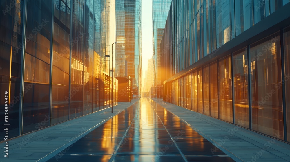 The scene features a roadway in present-day city, with sleek skyscrapers reflecting the middle of the day The scene features a roadway in present-day city, with sleek skyscrapers reflecting the middle of the day