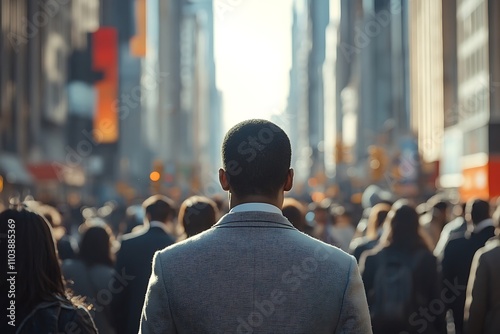 Grey Suit Commuter in NYC Rush Hour Crowd