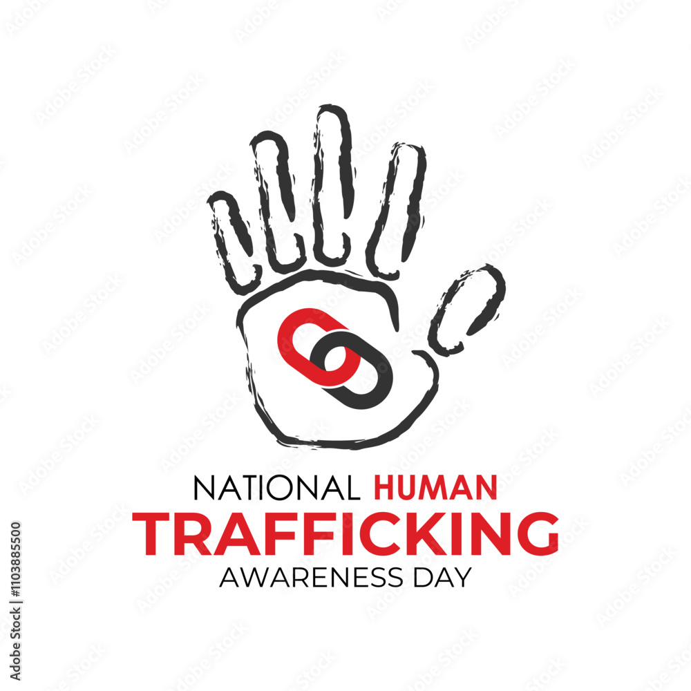 Obraz premium National Human Trafficking Awareness Day on January 11th. Silhouette of hand with broken chain and Realistic Ribbon. Banner poster, flyer and background design template. Vector illustration. Eps 10.