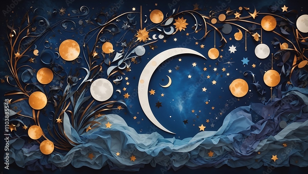 Obraz premium A crescent moon in a starry night sky 