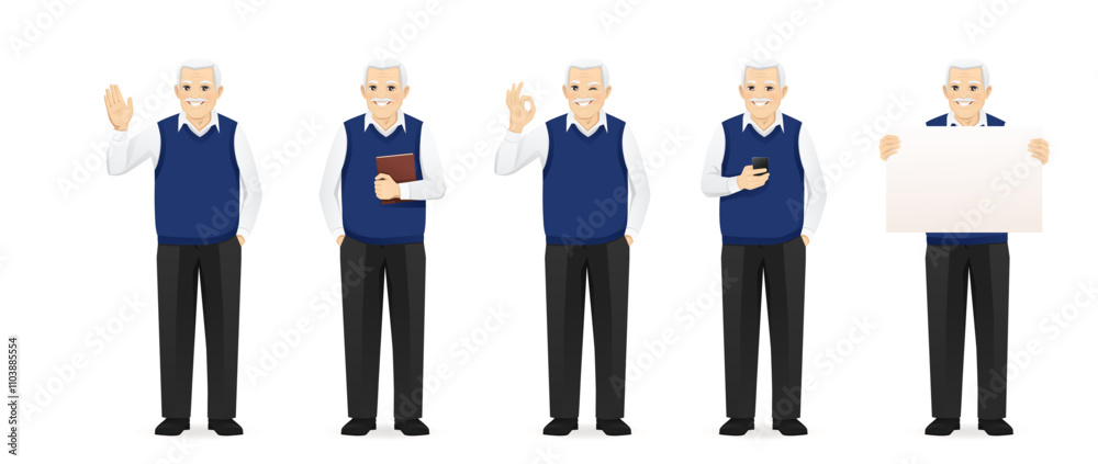 Senior man in casual outfit standing and showing different gestures. Isolated vector illustration set