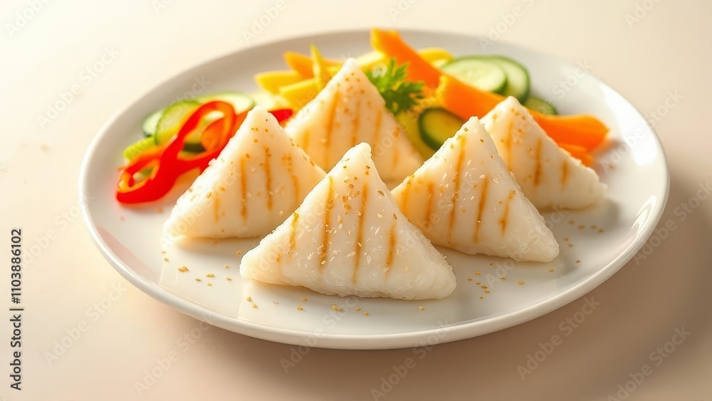 Crisp, savory onigiri, bursting with veggie flavor. Minimalist beauty, gourmet Japanese cuisine. Crisp, savory onigiri, bursting with veggie flavor. Minimalist beauty, gourmet Japanese cuisine.