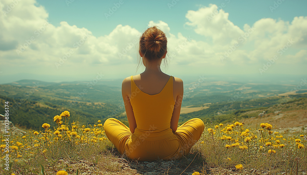 Meditating Woman in Yellow Among Flowers Meditating Woman in Yellow Among Flowers