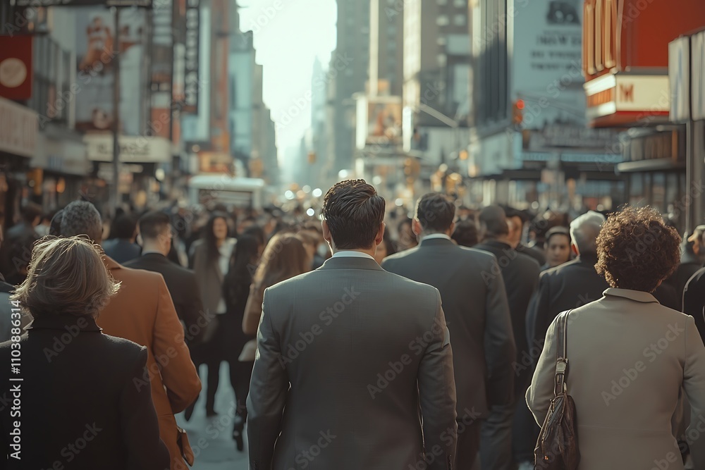 Grey Suit Walking City Street Busy Crowd, Afternoon Light Grey Suit Walking City Street Busy Crowd, Afternoon Light