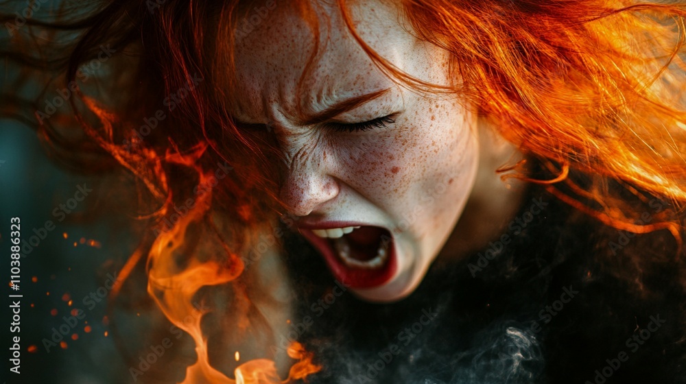 Close-up portrait of a young woman with wild red hair, passionately screaming, capturing raw energy and intense emotion in a dynamic and powerful moment
Close-up portrait of a young woman with wild red hair, passionately screaming, capturing raw energy and intense emotion in a dynamic and powerful moment