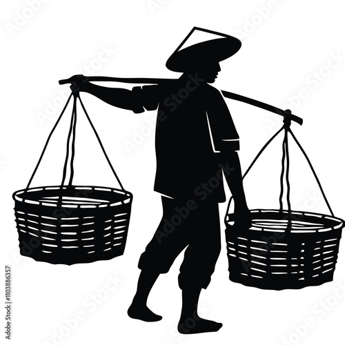 a black silhouette of a person walking with two large baskets on their backs.