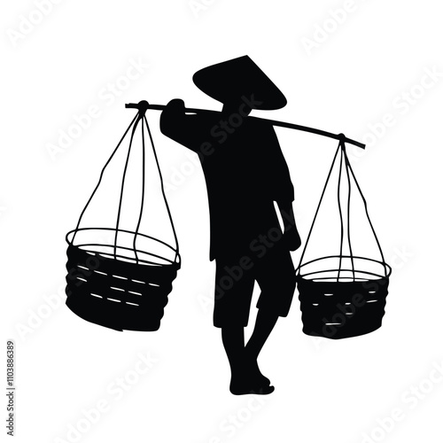 a black silhouette of a person walking with two large baskets on their backs.