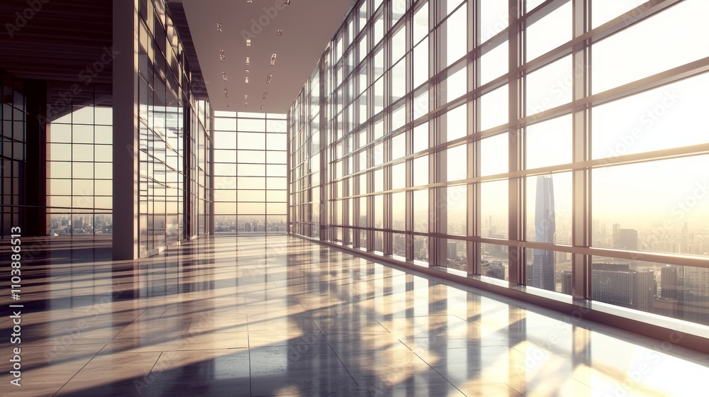 a future Large space with large windows and floor, modern, overlooking skyscrapers, daylight a future Large space with large windows and floor, modern, overlooking skyscrapers, daylight