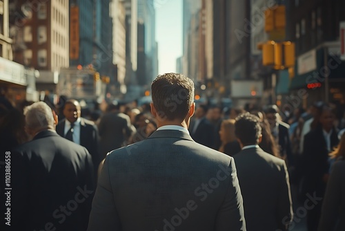 Grey Suit, City Street Anonymous Man Walking Amidst High-Rises photo