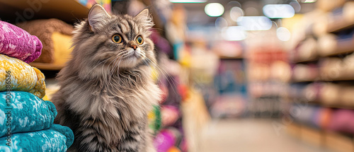 fluffy Persian cat sits among colorful fabric rolls in store, showcasing its curious expression and beautiful fur. vibrant background adds lively atmosphere