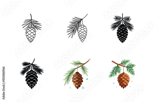 Fir Branch and Cone Silhouette Vector Set - Evergreen Pine Illustration for Seasonal and Decorative Designs