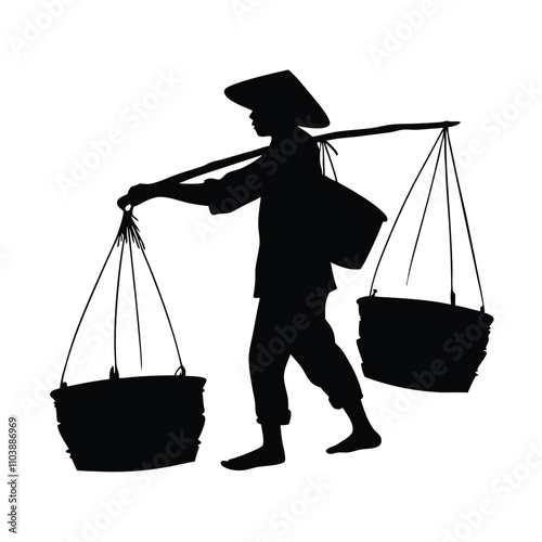 a black silhouette of a person walking with two large baskets on their backs.