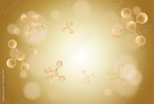 Cell structure with golden background, 3d rendering. Computer digital drawing.