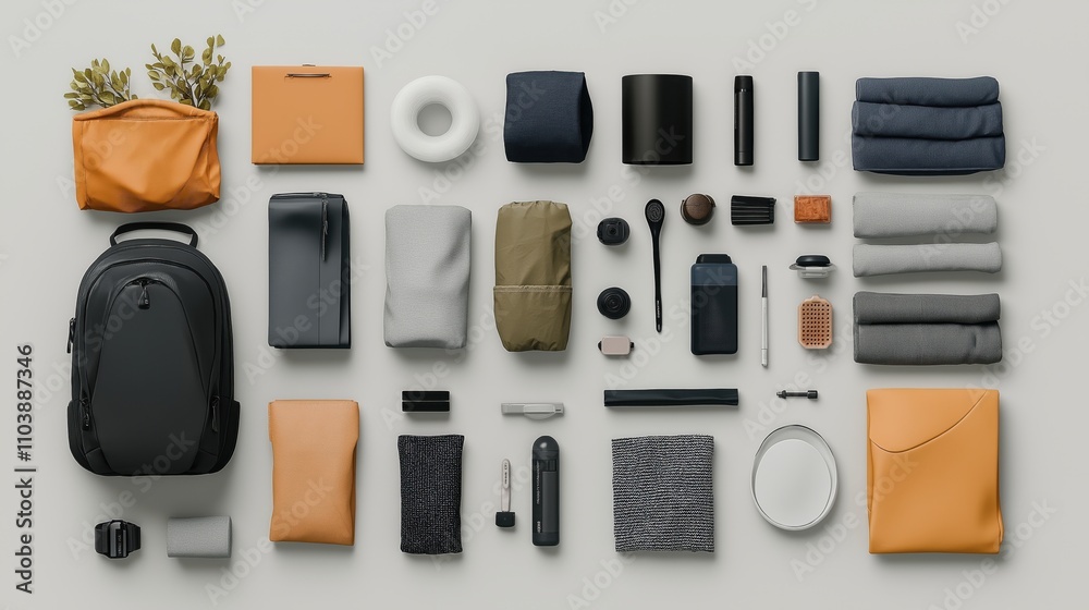 Collection of assorted travel items and accessories neatly arranged, including backpacks, clothes, bags, tech gadgets, pens, and small containers on a light gray background. Collection of assorted travel items and accessories neatly arranged, including backpacks, clothes, bags, tech gadgets, pens, and small containers on a light gray background.