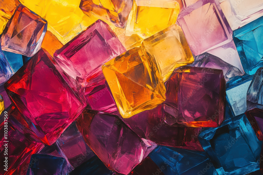 A vibrant collection of colorful, translucent ice cubes stacked together. A vibrant collection of colorful, translucent ice cubes stacked together.