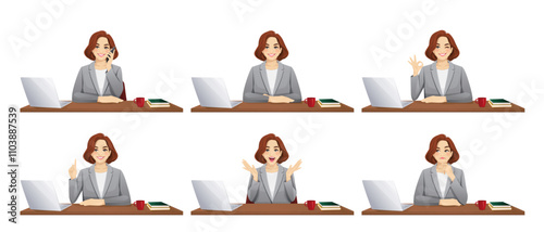 Elegant beautiful mature business woman in suit using laptop computer and sitting at the desk in different poses. Isolated vector illustration set